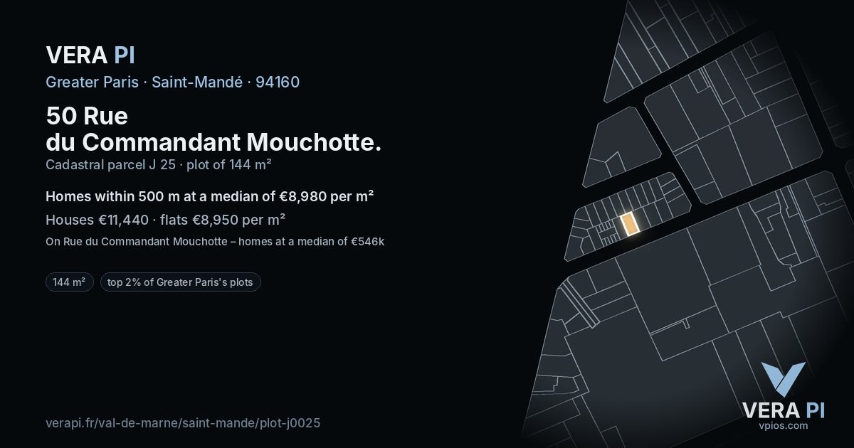 50 Rue du Commandant Mouchotte, Saint-Mandé at night – the plot lit, the parcels around coloured by the prices near them