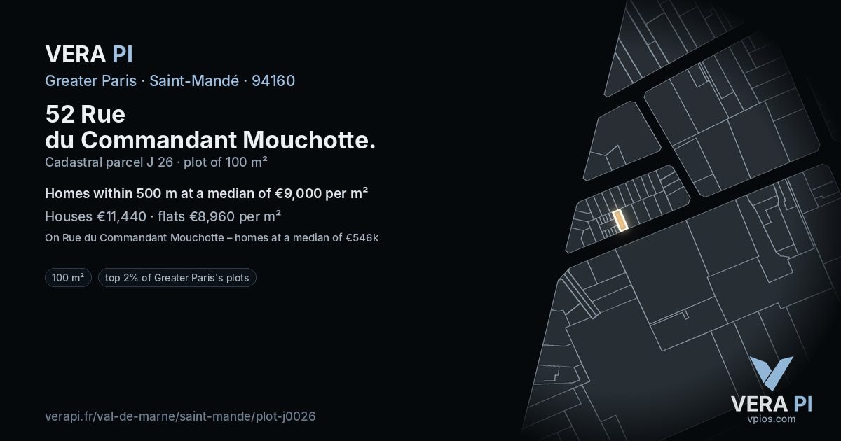 52 Rue du Commandant Mouchotte, Saint-Mandé at night – the plot lit, the parcels around coloured by the prices near them