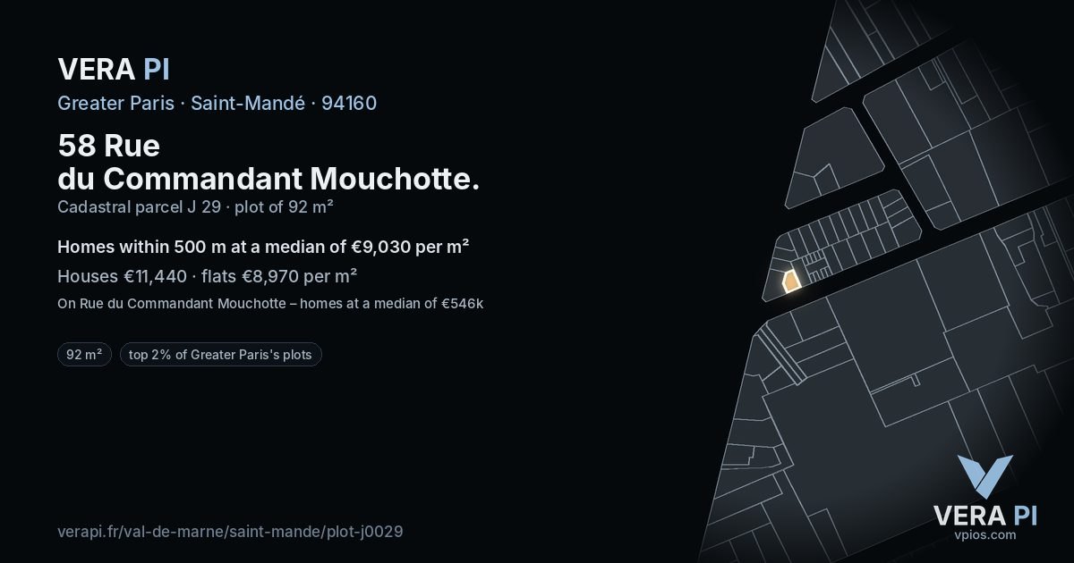 58 Rue du Commandant Mouchotte, Saint-Mandé at night – the plot lit, the parcels around coloured by the prices near them