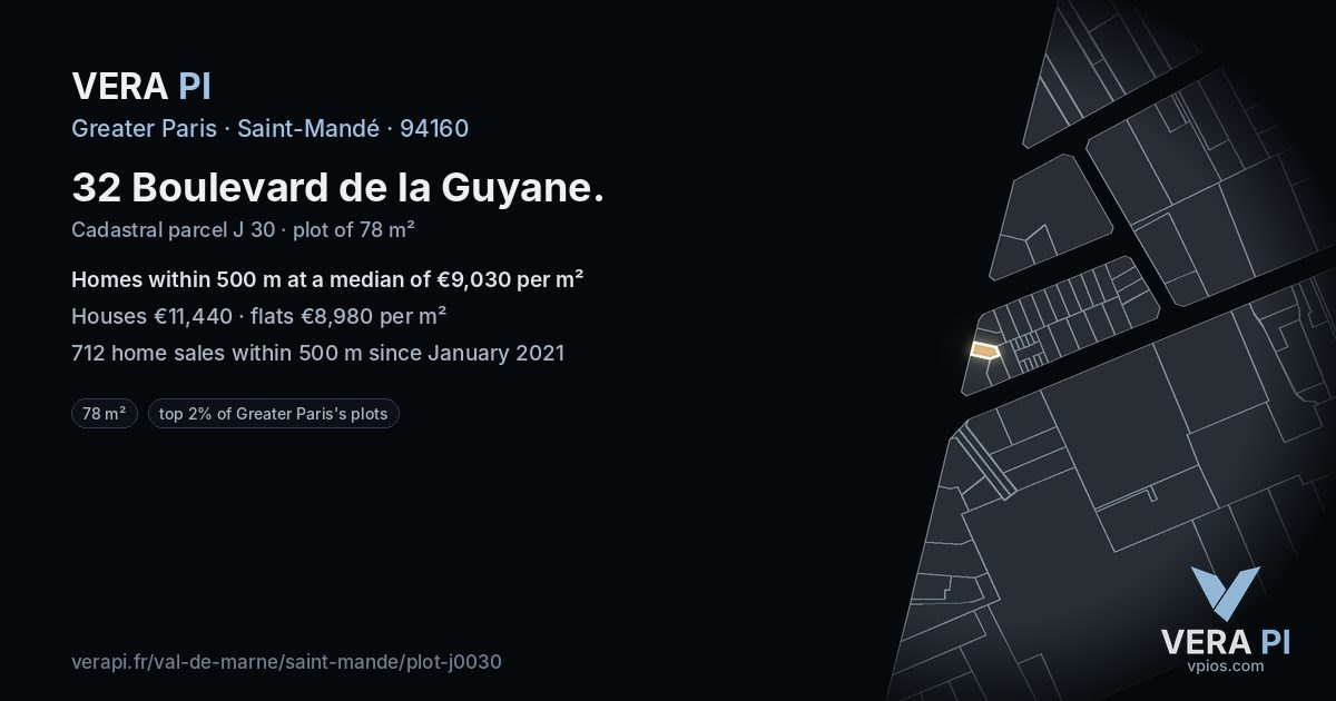 32 Boulevard de la Guyane, Saint-Mandé at night – the plot lit, the parcels around coloured by the prices near them