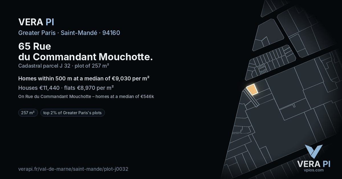 65 Rue du Commandant Mouchotte, Saint-Mandé at night – the plot lit, the parcels around coloured by the prices near them