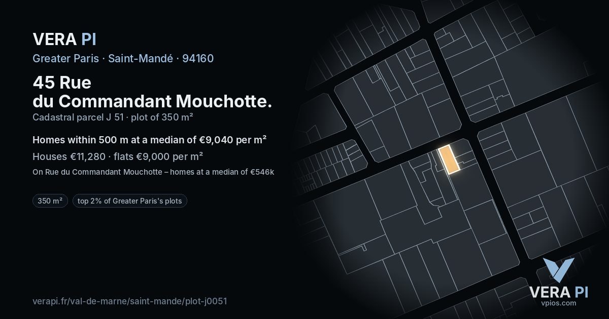 45 Rue du Commandant Mouchotte, Saint-Mandé at night – the plot lit, the parcels around coloured by the prices near them