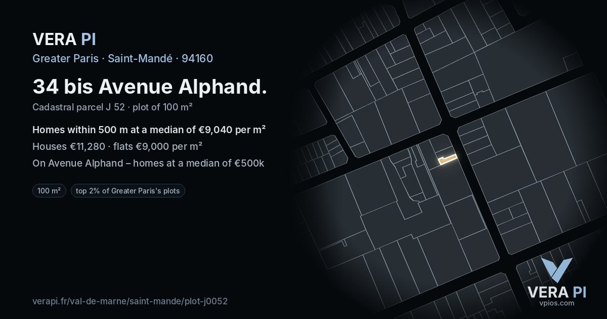 34 bis Avenue Alphand, Saint-Mandé at night – the plot lit, the parcels around coloured by the prices near them