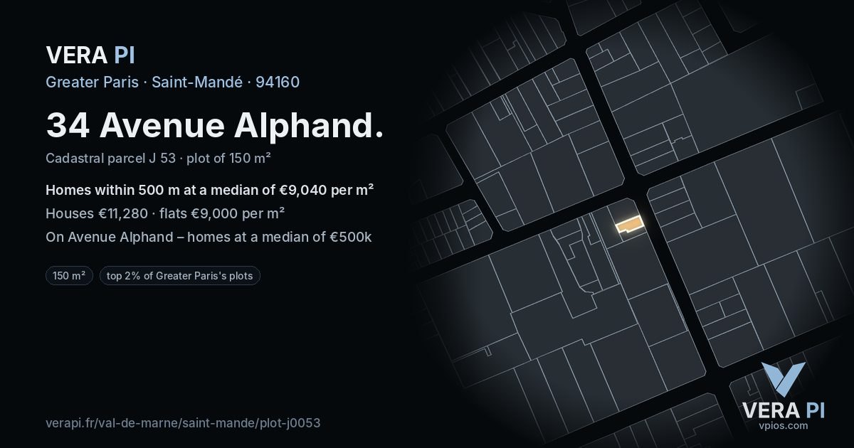 34 Avenue Alphand, Saint-Mandé at night – the plot lit, the parcels around coloured by the prices near them