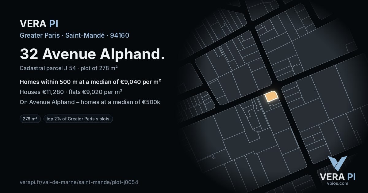 32 Avenue Alphand, Saint-Mandé at night – the plot lit, the parcels around coloured by the prices near them