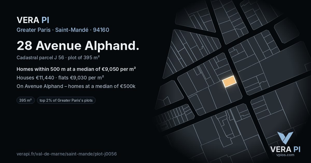 28 Avenue Alphand, Saint-Mandé at night – the plot lit, the parcels around coloured by the prices near them