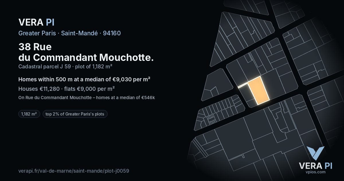 38 Rue du Commandant Mouchotte, Saint-Mandé at night – the plot lit, the parcels around coloured by the prices near them