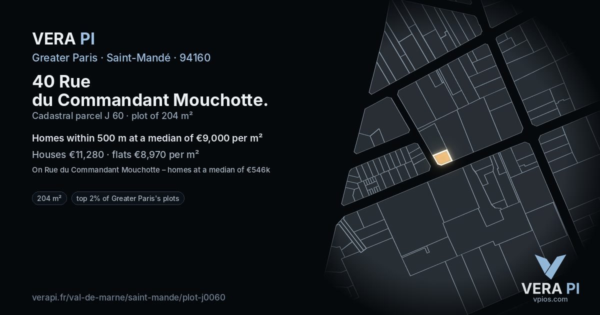 40 Rue du Commandant Mouchotte, Saint-Mandé at night – the plot lit, the parcels around coloured by the prices near them