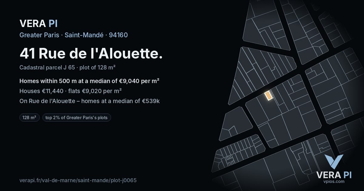 41 Rue de l'Alouette, Saint-Mandé at night – the plot lit, the parcels around coloured by the prices near them
