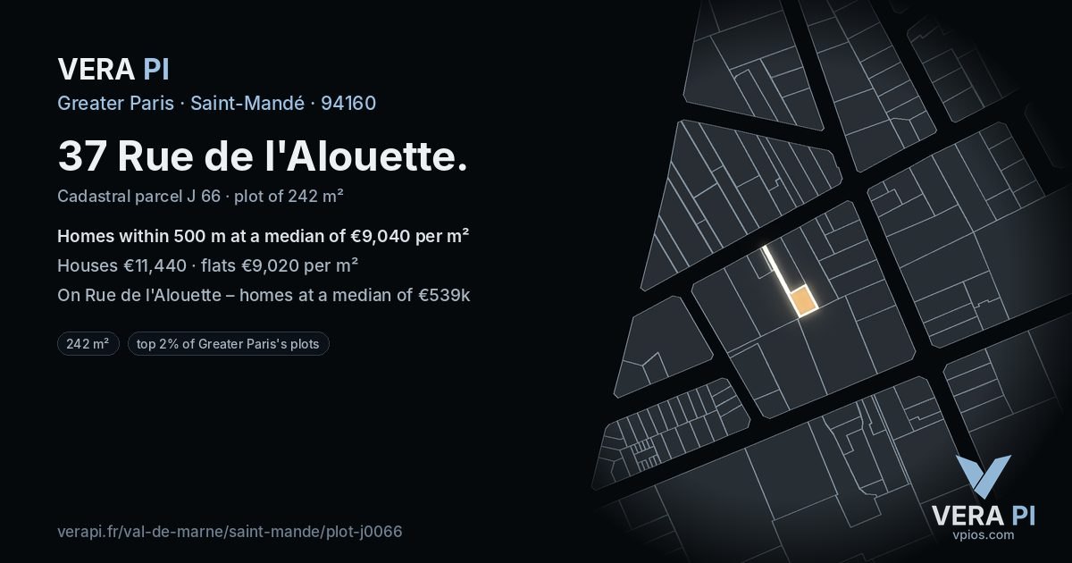 37 Rue de l'Alouette, Saint-Mandé at night – the plot lit, the parcels around coloured by the prices near them