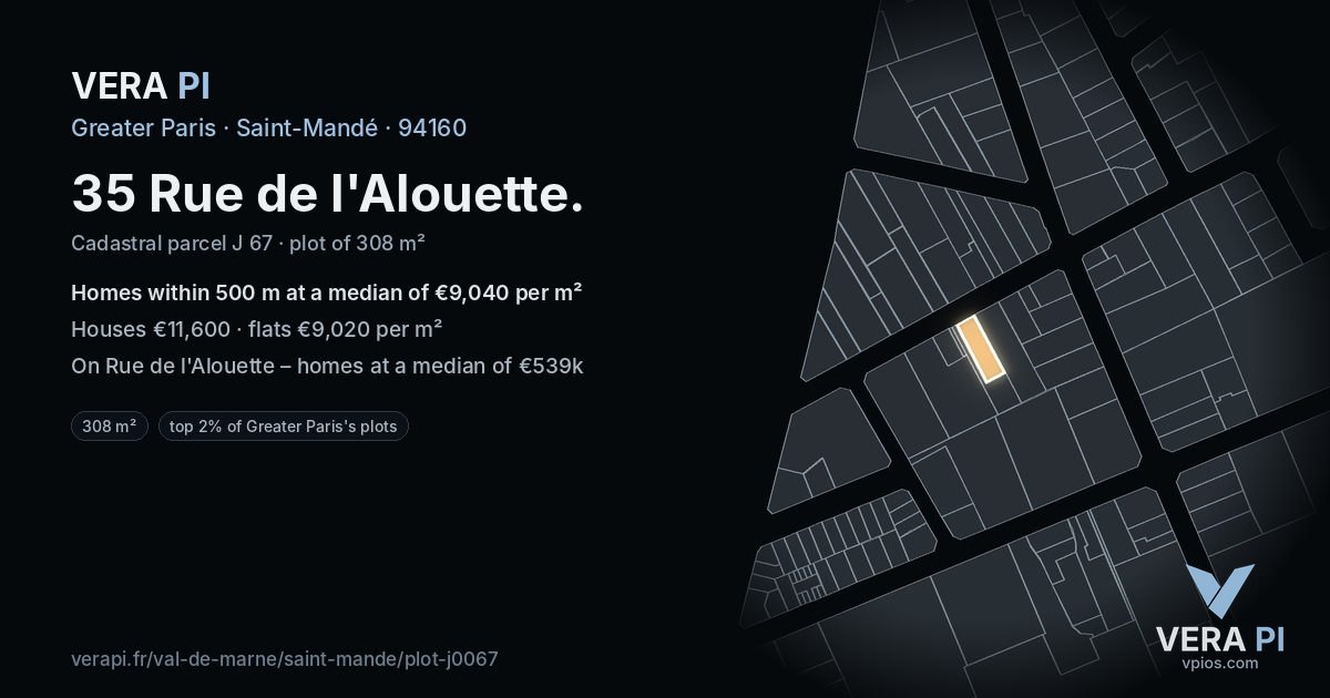 35 Rue de l'Alouette, Saint-Mandé at night – the plot lit, the parcels around coloured by the prices near them