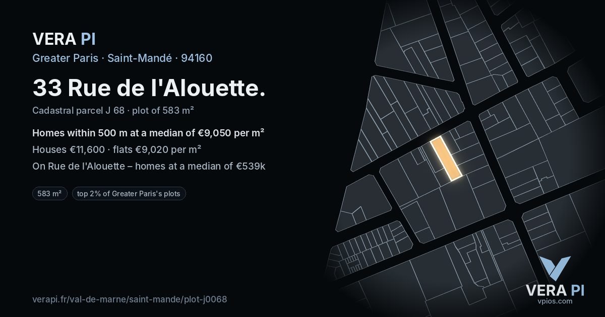 33 Rue de l'Alouette, Saint-Mandé at night – the plot lit, the parcels around coloured by the prices near them