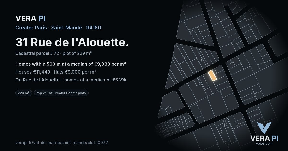 31 Rue de l'Alouette, Saint-Mandé at night – the plot lit, the parcels around coloured by the prices near them