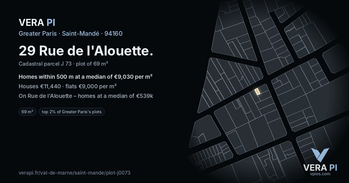 29 Rue de l'Alouette, Saint-Mandé at night – the plot lit, the parcels around coloured by the prices near them