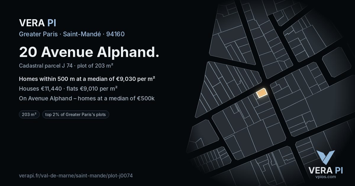 20 Avenue Alphand, Saint-Mandé at night – the plot lit, the parcels around coloured by the prices near them