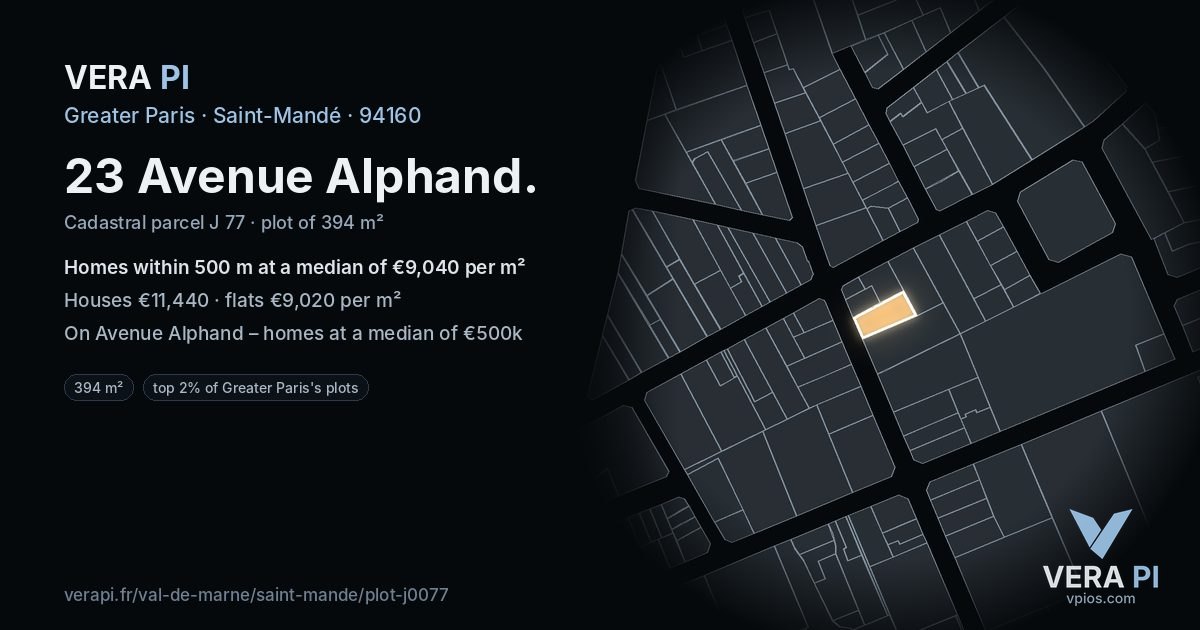 23 Avenue Alphand, Saint-Mandé at night – the plot lit, the parcels around coloured by the prices near them
