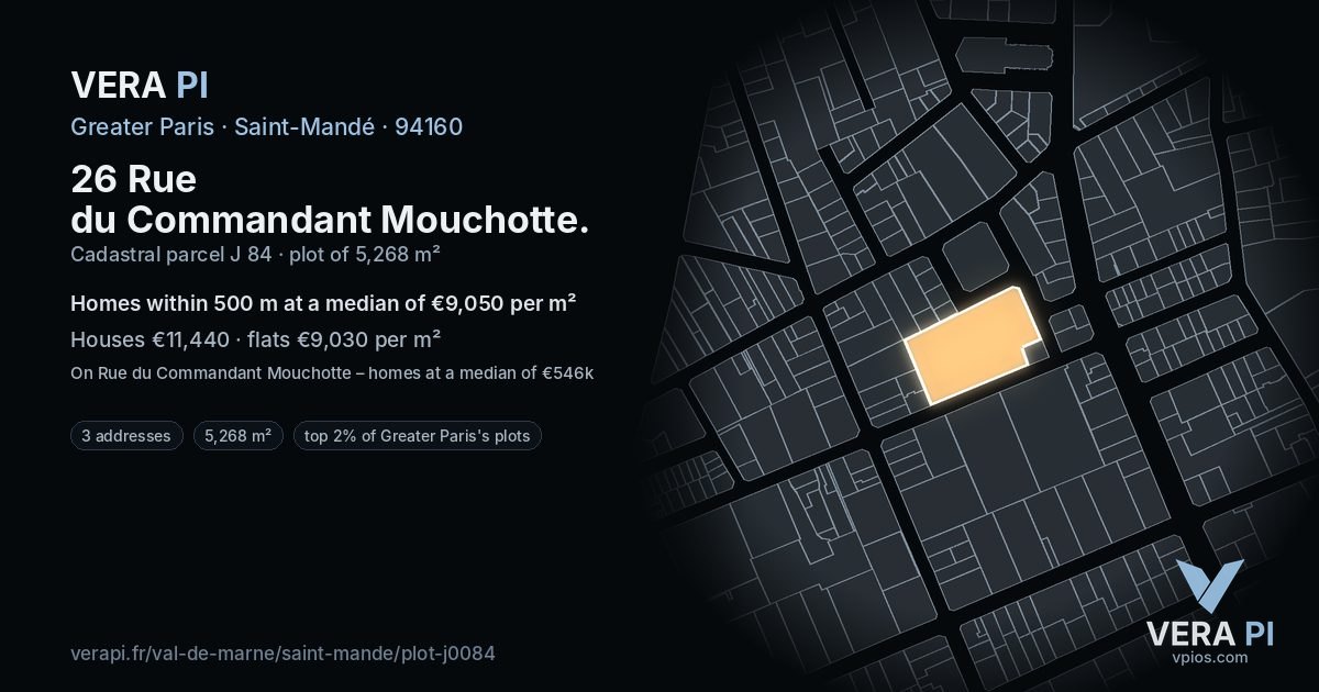 26 Rue du Commandant Mouchotte, Saint-Mandé at night – the plot lit, the parcels around coloured by the prices near them