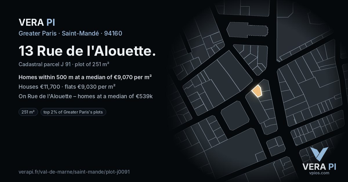 13 Rue de l'Alouette, Saint-Mandé at night – the plot lit, the parcels around coloured by the prices near them