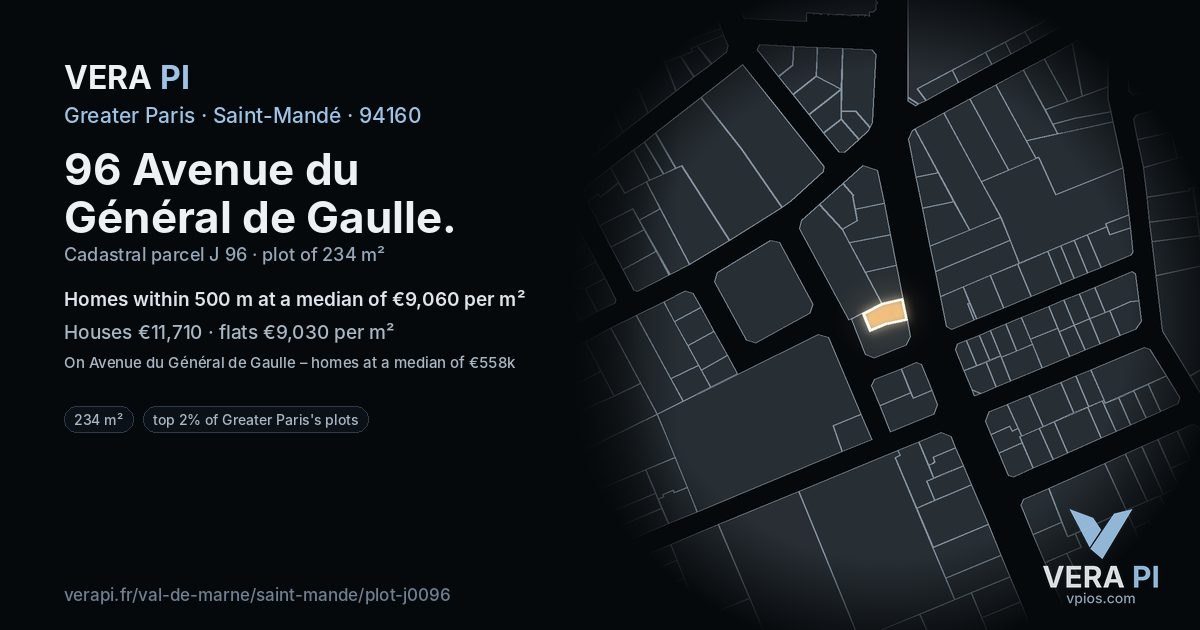 96 Avenue du Général de Gaulle, Saint-Mandé at night – the plot lit, the parcels around coloured by the prices near them