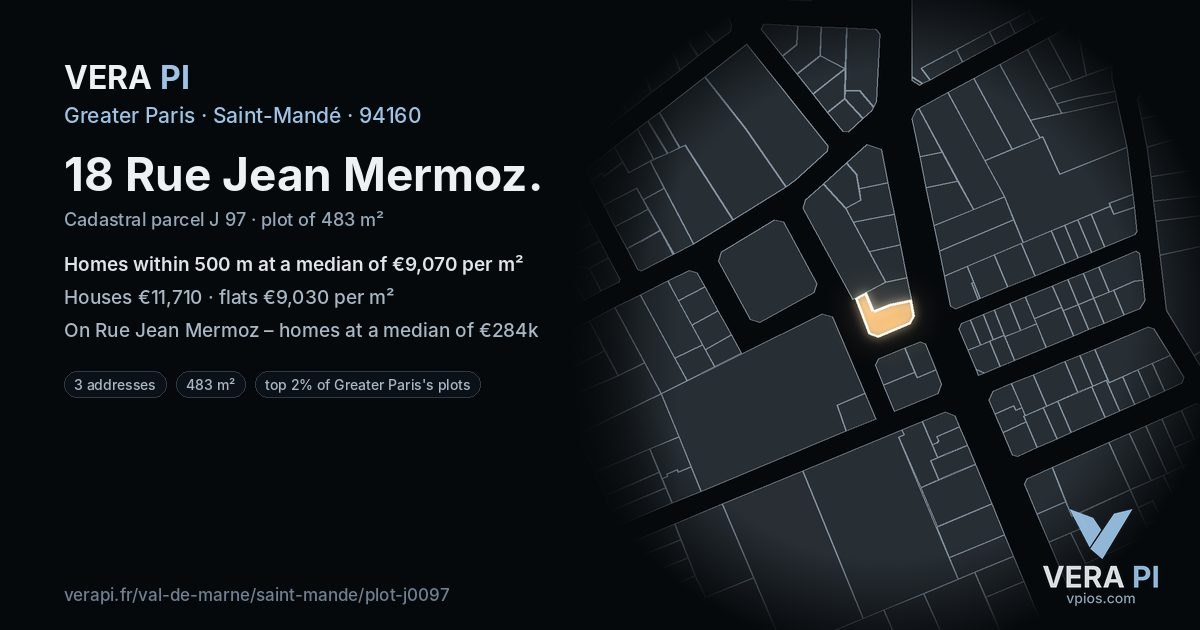18 Rue Jean Mermoz, Saint-Mandé at night – the plot lit, the parcels around coloured by the prices near them
