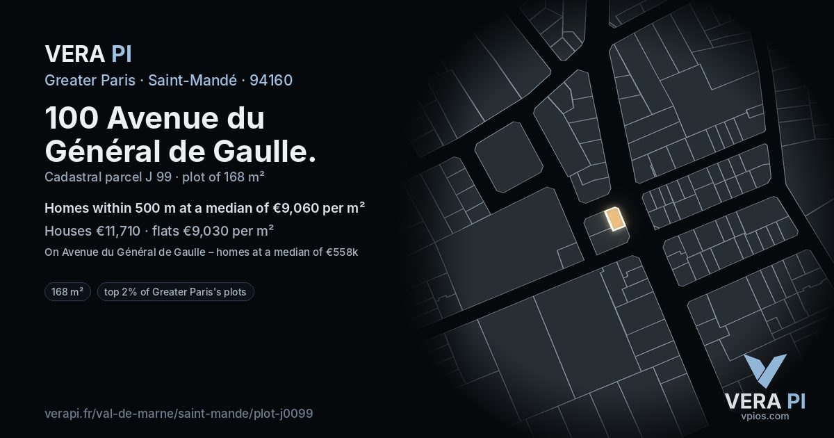 100 Avenue du Général de Gaulle, Saint-Mandé at night – the plot lit, the parcels around coloured by the prices near them