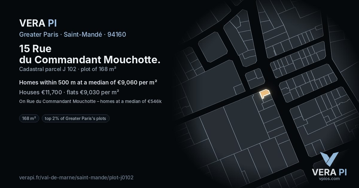 15 Rue du Commandant Mouchotte, Saint-Mandé at night – the plot lit, the parcels around coloured by the prices near them