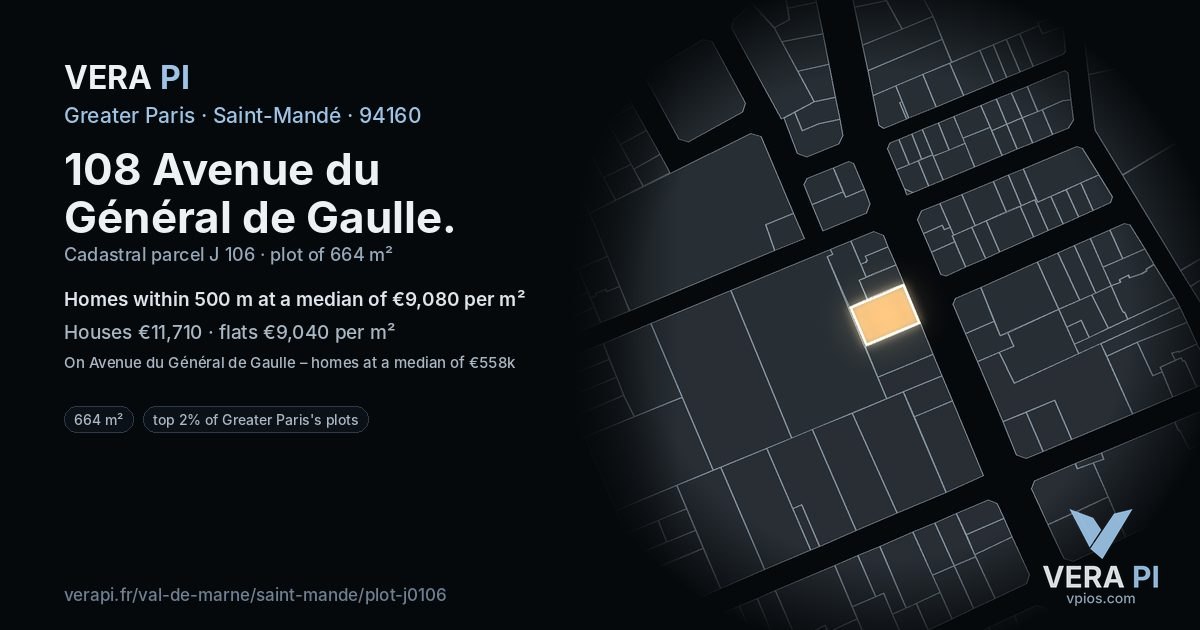108 Avenue du Général de Gaulle, Saint-Mandé at night – the plot lit, the parcels around coloured by the prices near them