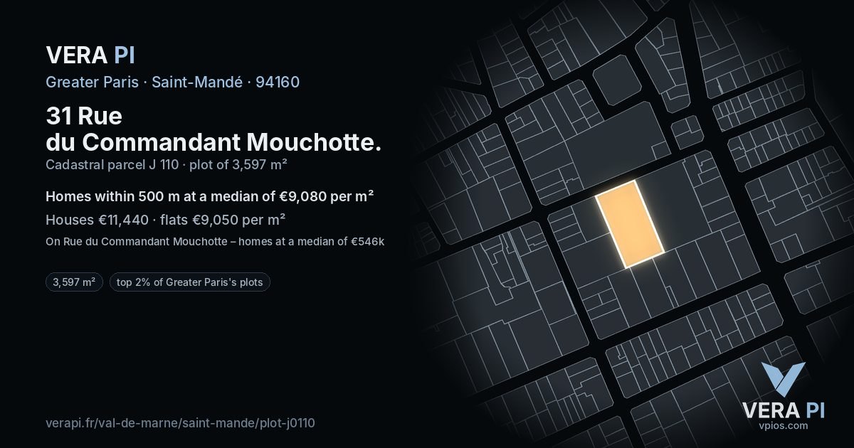 31 Rue du Commandant Mouchotte, Saint-Mandé at night – the plot lit, the parcels around coloured by the prices near them