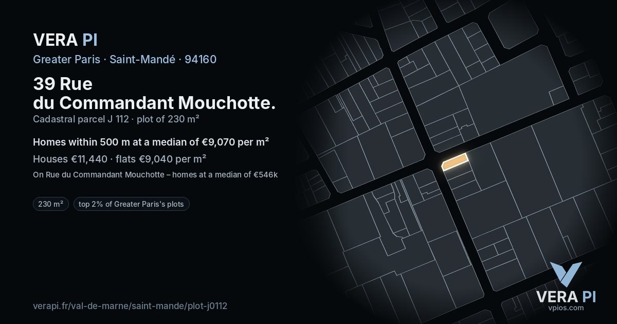 39 Rue du Commandant Mouchotte, Saint-Mandé at night – the plot lit, the parcels around coloured by the prices near them