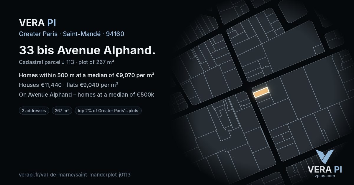 33 bis Avenue Alphand, Saint-Mandé at night – the plot lit, the parcels around coloured by the prices near them
