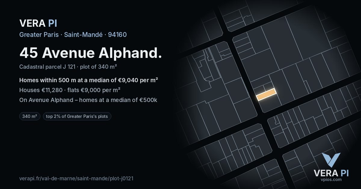 45 Avenue Alphand, Saint-Mandé at night – the plot lit, the parcels around coloured by the prices near them