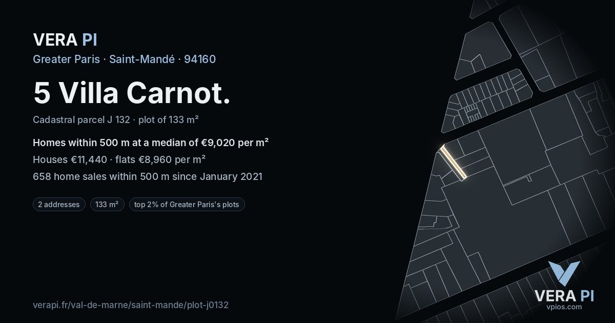 5 Villa Carnot, Saint-Mandé at night – the plot lit, the parcels around coloured by the prices near them