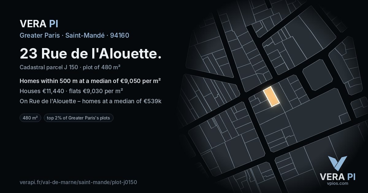 23 Rue de l'Alouette, Saint-Mandé at night – the plot lit, the parcels around coloured by the prices near them