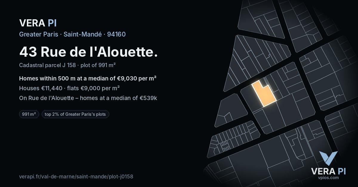 43 Rue de l'Alouette, Saint-Mandé at night – the plot lit, the parcels around coloured by the prices near them