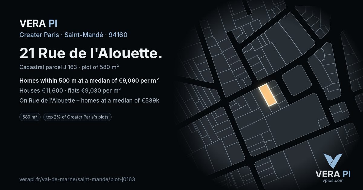 21 Rue de l'Alouette, Saint-Mandé at night – the plot lit, the parcels around coloured by the prices near them