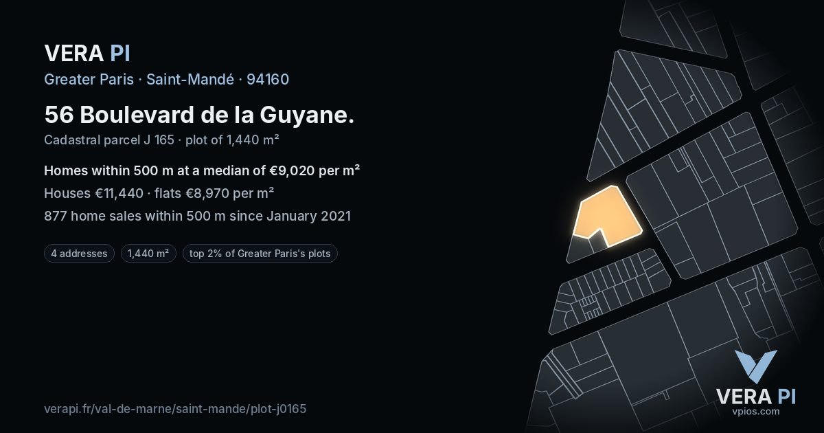 56 Boulevard de la Guyane, Saint-Mandé at night – the plot lit, the parcels around coloured by the prices near them