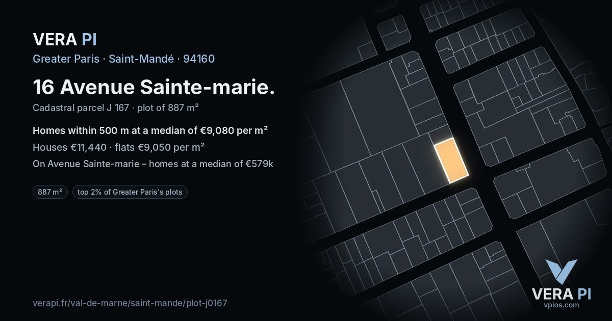 16 Avenue Sainte-marie, Saint-Mandé at night – the plot lit, the parcels around coloured by the prices near them