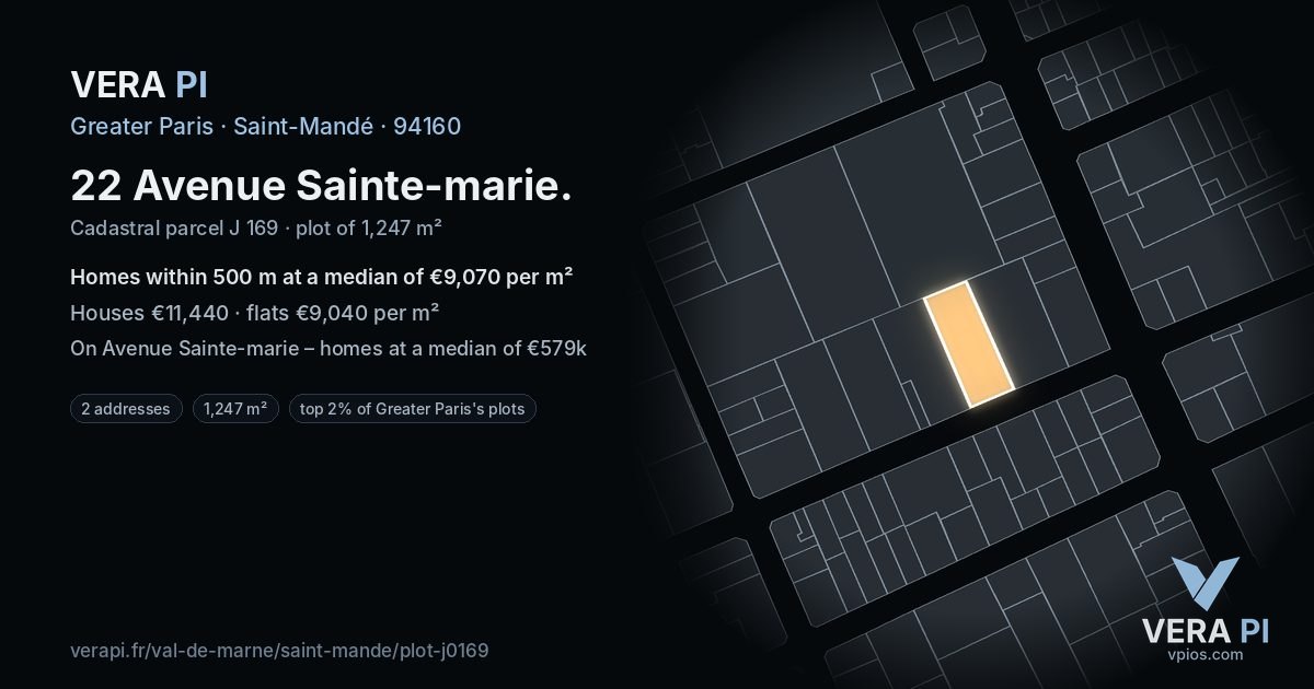 22 Avenue Sainte-marie, Saint-Mandé at night – the plot lit, the parcels around coloured by the prices near them