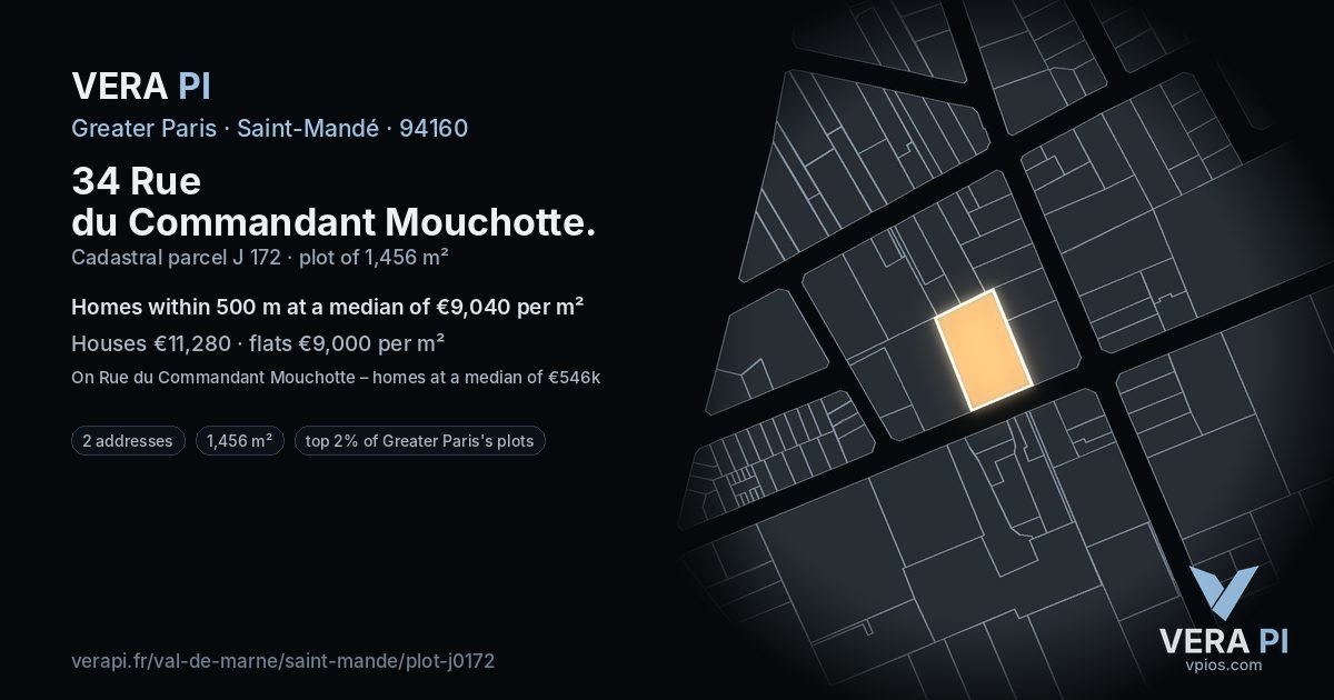 34 Rue du Commandant Mouchotte, Saint-Mandé at night – the plot lit, the parcels around coloured by the prices near them