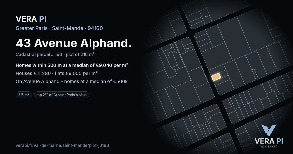 43 Avenue Alphand, Saint-Mandé at night – the plot lit, the parcels around coloured by the prices near them