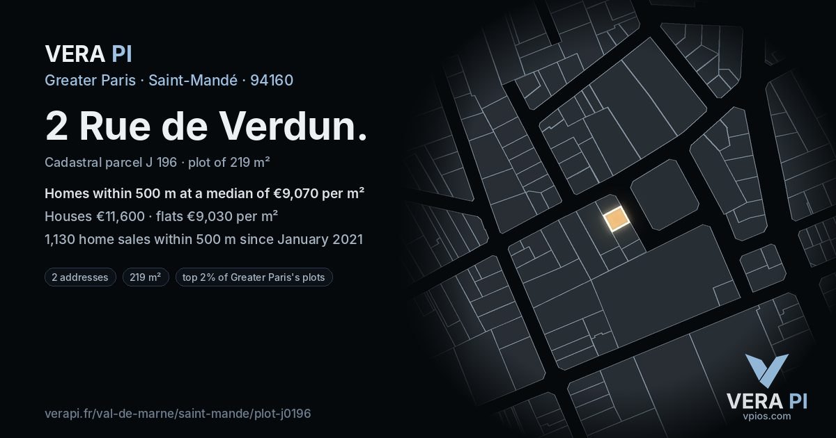 2 Rue de Verdun, Saint-Mandé at night – the plot lit, the parcels around coloured by the prices near them