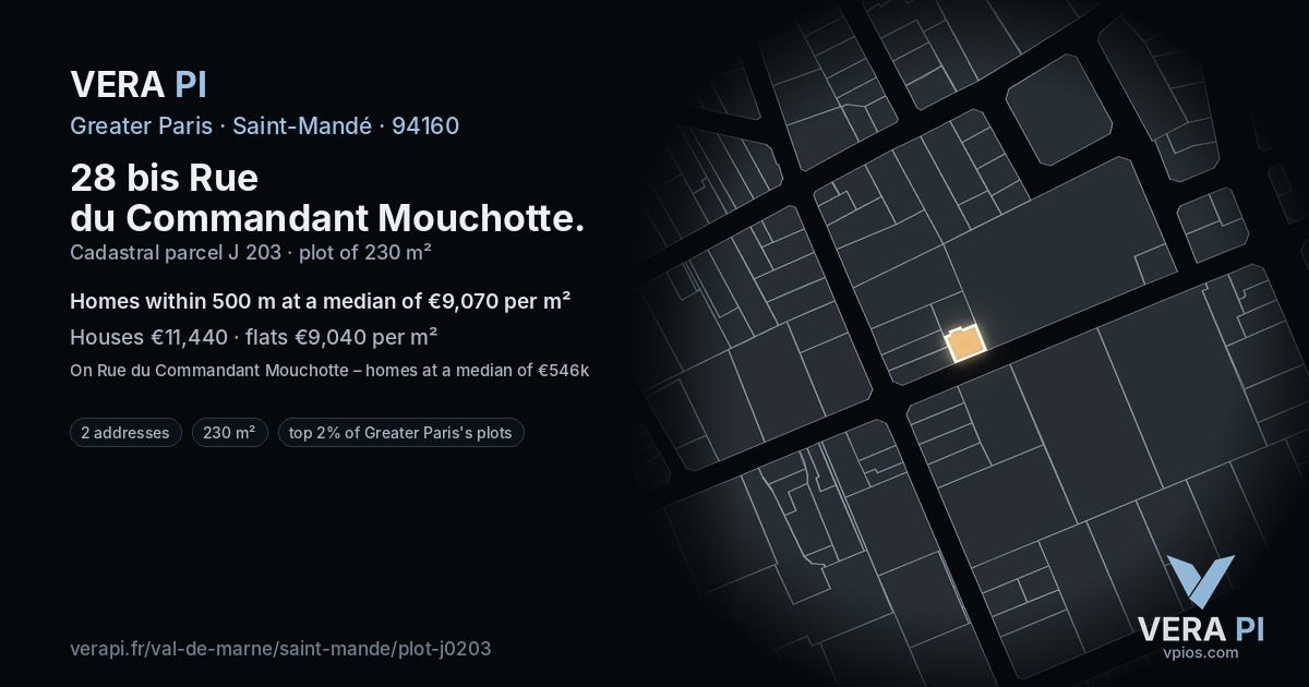 28 bis Rue du Commandant Mouchotte, Saint-Mandé at night – the plot lit, the parcels around coloured by the prices near them
