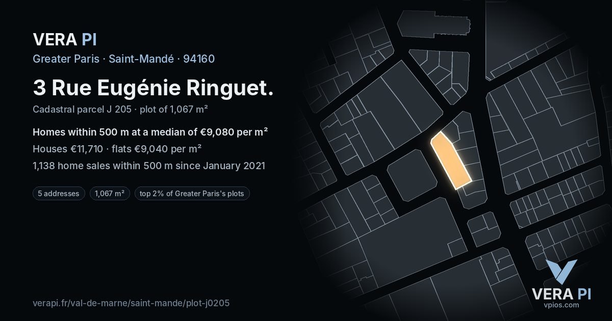 3 Rue Eugénie Ringuet, Saint-Mandé at night – the plot lit, the parcels around coloured by the prices near them