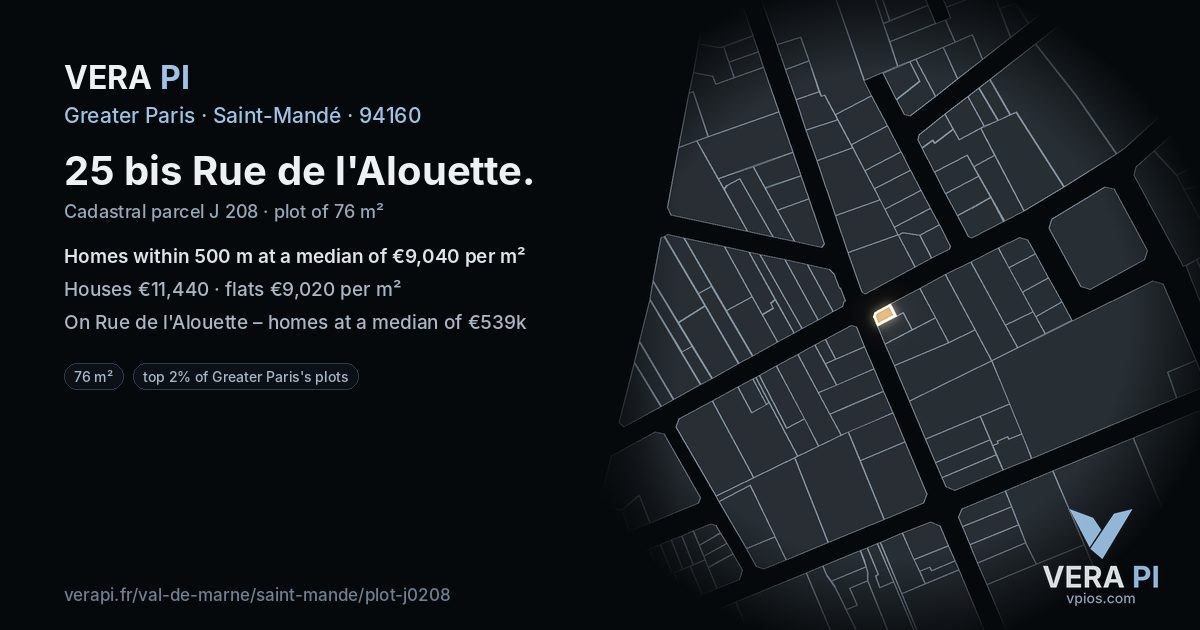 25 bis Rue de l'Alouette, Saint-Mandé at night – the plot lit, the parcels around coloured by the prices near them
