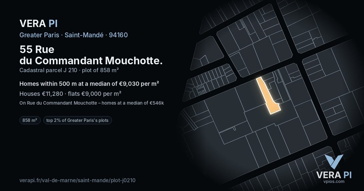 55 Rue du Commandant Mouchotte, Saint-Mandé at night – the plot lit, the parcels around coloured by the prices near them