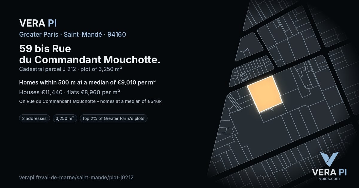 59 bis Rue du Commandant Mouchotte, Saint-Mandé at night – the plot lit, the parcels around coloured by the prices near them