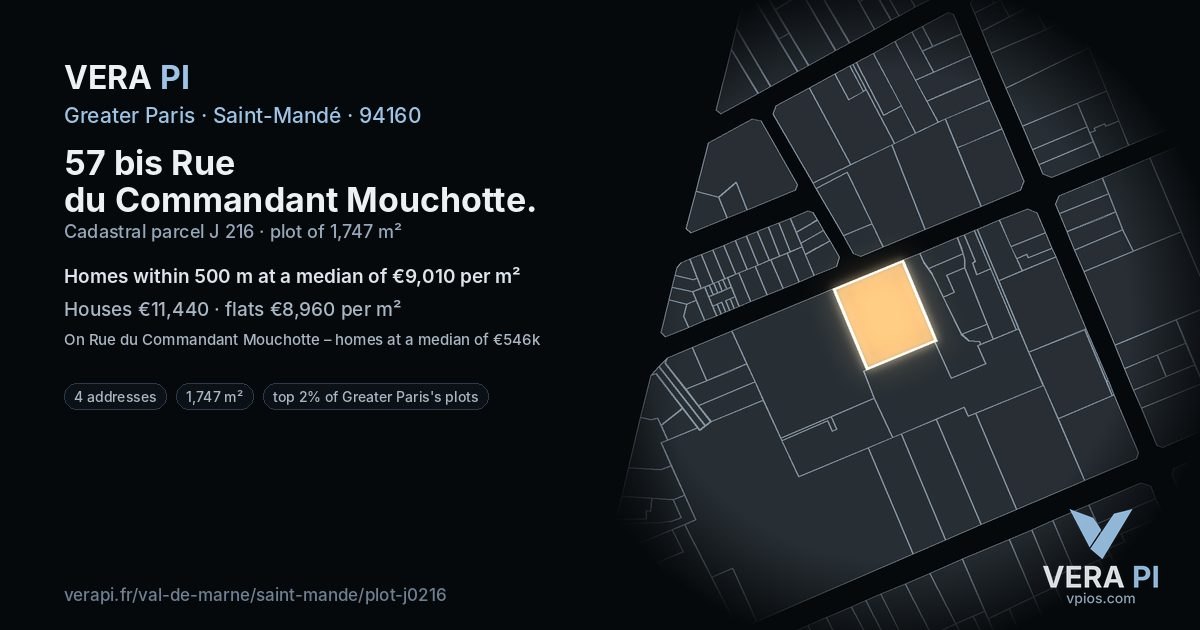 57 bis Rue du Commandant Mouchotte, Saint-Mandé at night – the plot lit, the parcels around coloured by the prices near them