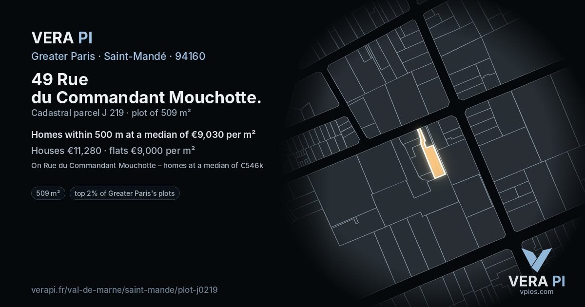 49 Rue du Commandant Mouchotte, Saint-Mandé at night – the plot lit, the parcels around coloured by the prices near them