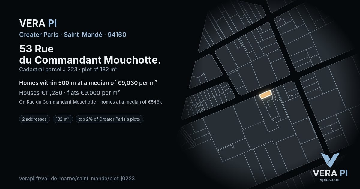 53 Rue du Commandant Mouchotte, Saint-Mandé at night – the plot lit, the parcels around coloured by the prices near them
