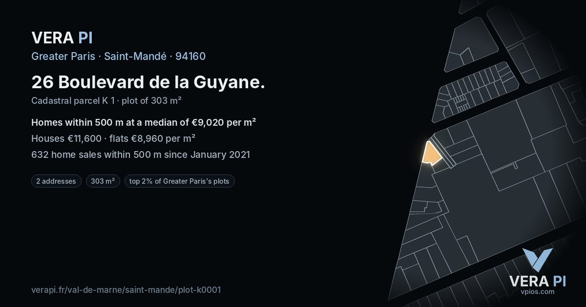 26 Boulevard de la Guyane, Saint-Mandé at night – the plot lit, the parcels around coloured by the prices near them